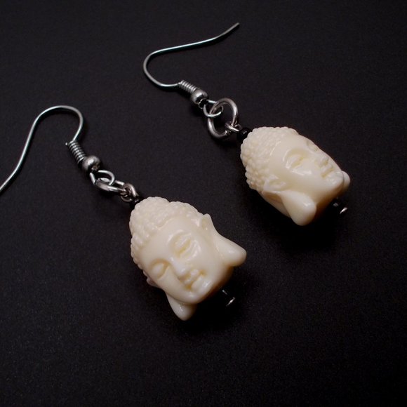 Earrings - Buddha Heads - Ivory Color - Picture 1 of 3